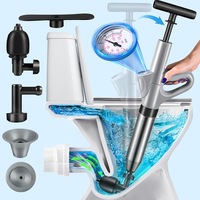Pompa cu Aer Comprimat, LittleDomi pentru Desfundat Tevi Infundate de Chiuveta, Cada, Dus, Scurgere Infundata, Canalizare, WC, Instalatii Sanitare, 4 Accesorii, Pompa, ABS/Otel Inoxidabil, Cu Manometru