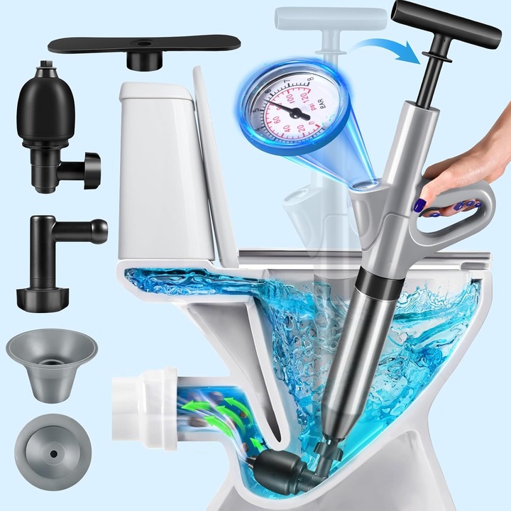 Pompa cu Aer Comprimat, LittleDomi pentru Desfundat Tevi Infundate de Chiuveta, Cada, Dus, Scurgere Infundata, Canalizare, WC, Instalatii Sanitare, 4 Accesorii, Pompa, ABS/Otel Inoxidabil, Cu Manometru