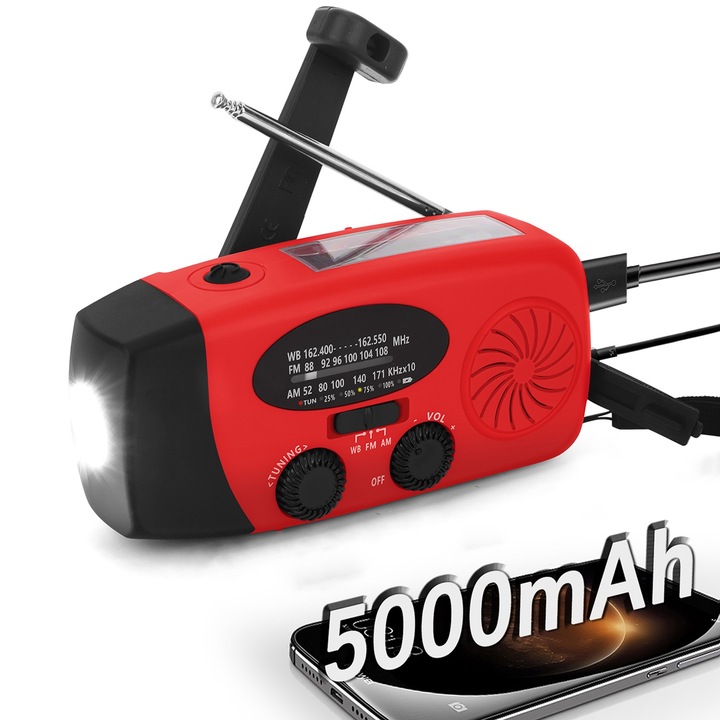 Радио с LED лампа за къмпинг, Excitat®, Преносимо, FM/AM аварийно метеорологично радио с манивела, фенерче, соларно зареждане, външна батерия 5000 mAh, червено