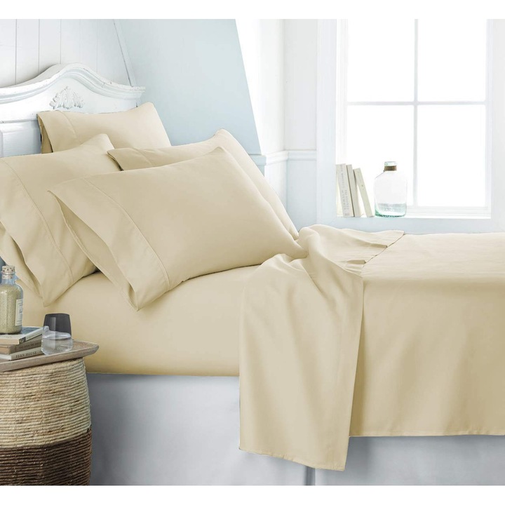 Cearceaf de pat cu elastic din bumbac ranforce 100%, 320 x 280 cm, crem uni