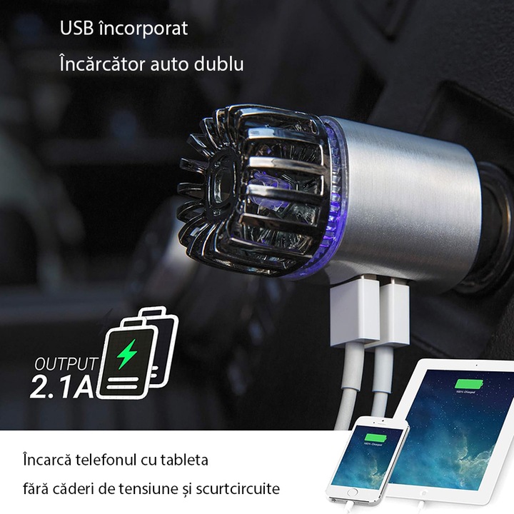 Hordozható autós légtisztító, Rqiurpn, szűrő nélkül, allergén- és szageltávolító, 12V, dupla USB töltő, matt ezüst