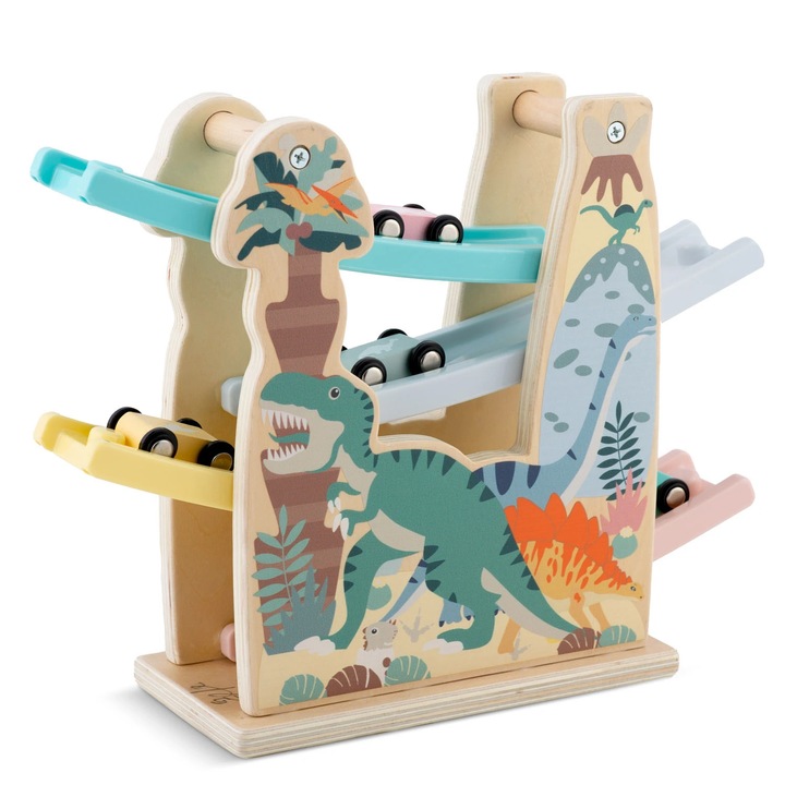 Körpálya fa autókkal és lépcsőzetes rámpával, serkenti a képzeletet és a kreativitást, modell dinoszauruszokkal, Montessori, 30 x 24 x 9, 5 cm, sokszínű