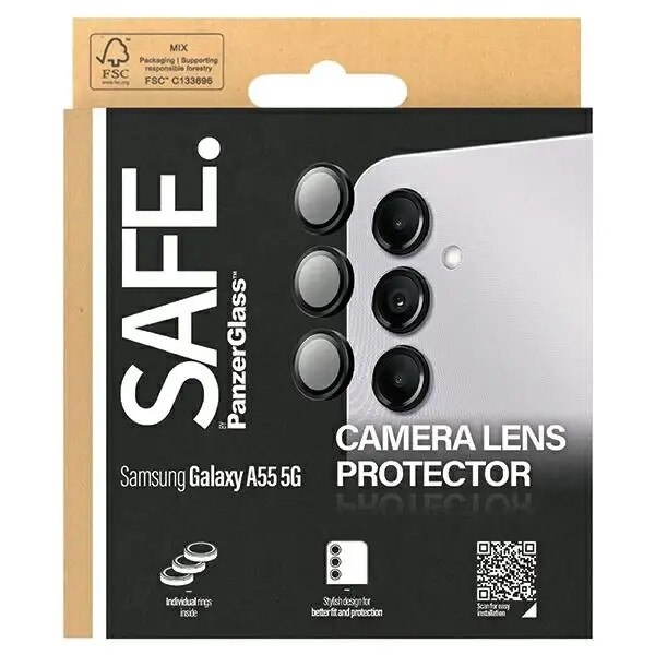 Folie sticla camera foto SAFE by PanzerGlass Hoops compatibila cu Samsung Galaxy A55 5G, Negru