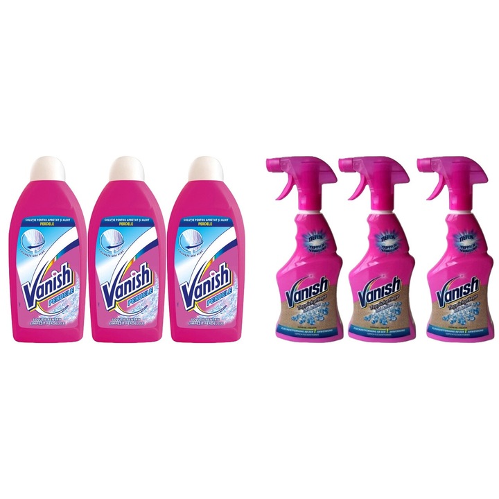 Set Vanish 6 x Variety, 3 x Solutie 500ml Perdele, 3 x Solutie 500ml Spray Covoare, fresh aroma, parfum floral, distruge calcarul, rapid si eficient, testat dermatologic, prospetime de lunga durata, eficacitate maxima, continut generos