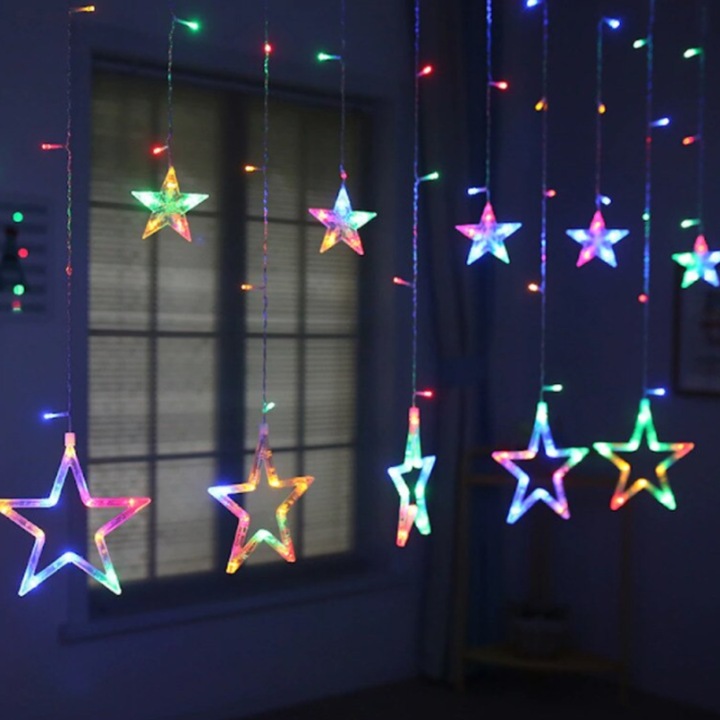 Instalatie de Craciun, SDEPOT®, tip perdea luminoasa, cu 12 stele, multicolor