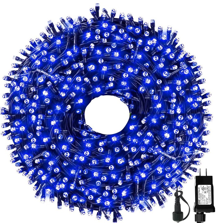 Instalatie De Craciun Nextfarma®, Lungime 100 m, Cu 8 Jocuri De Lumini, Alimentare 220V, Protectie IP44, Pentru Interior/Exterior, Albastru