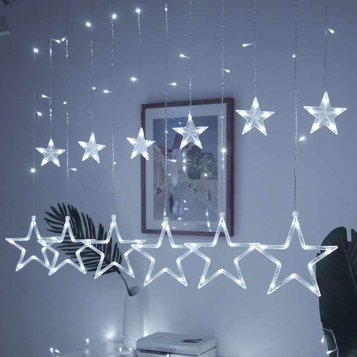 Instalatie de Craciun, SDEPOT®, tip perdea luminoasa, cu 12 stele, alb rece