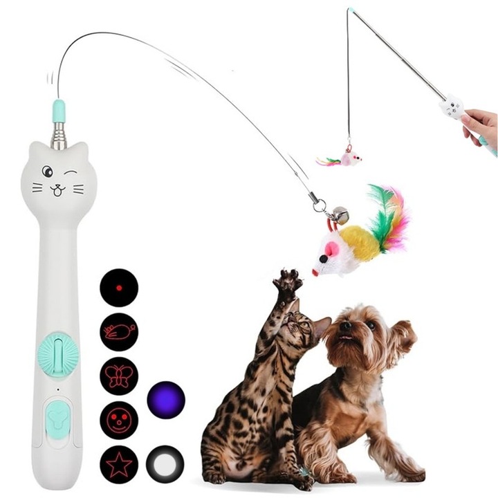 Jucarie interactiva pentru pisici, retractabil, 5 modele de laser, verde, 22.5 inch