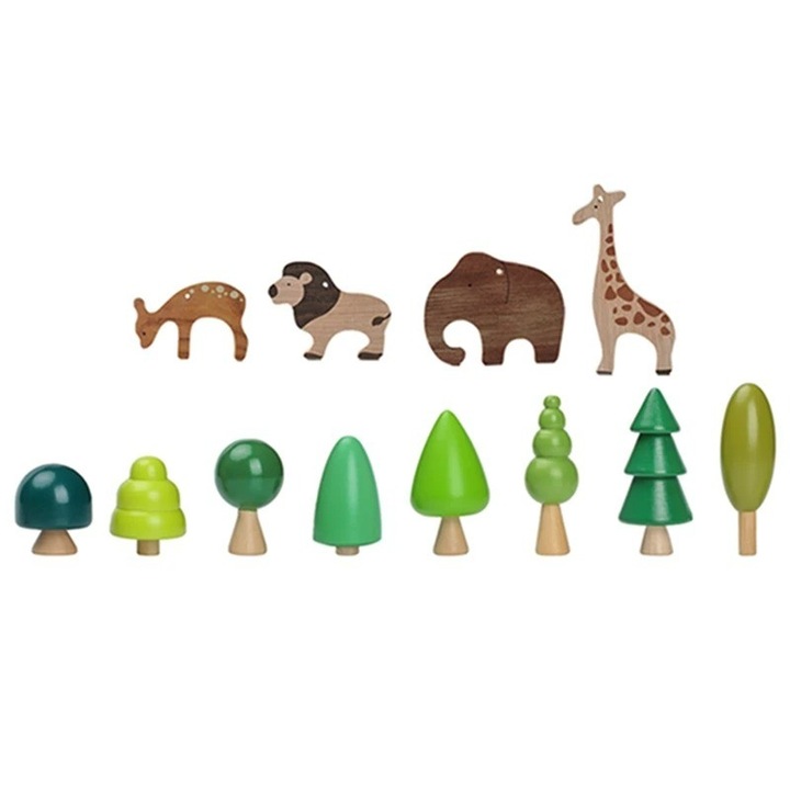 Set 12 piese Montessori pentru stivuit Mixbo, Animale salbatice in padure, lemn, 3 + ani, multicolor