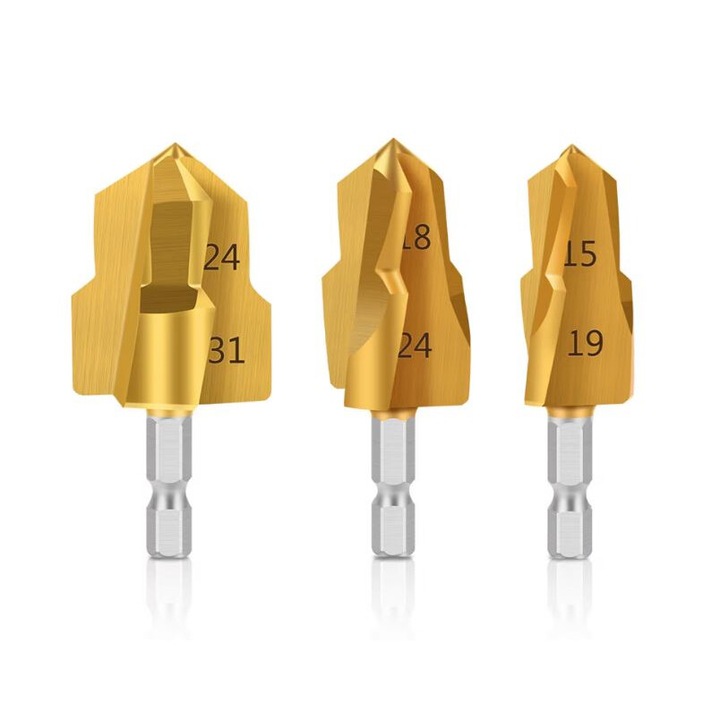 Set 3 burghie HSS otel, auriu, pentru tevi MMP/PVC/PPR