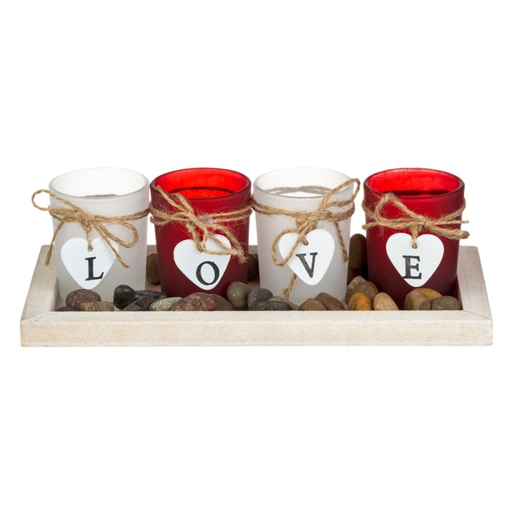 Комплект дървени поставки с 4 червени, бели чаши с камъчета и сърца с надпис "любов" за свещички за хапчета