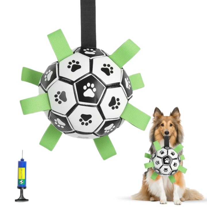 Interaktív labda kutyáknak, poliuretán, 15 cm, sötétzöld, készlet pumpával és adapterrel