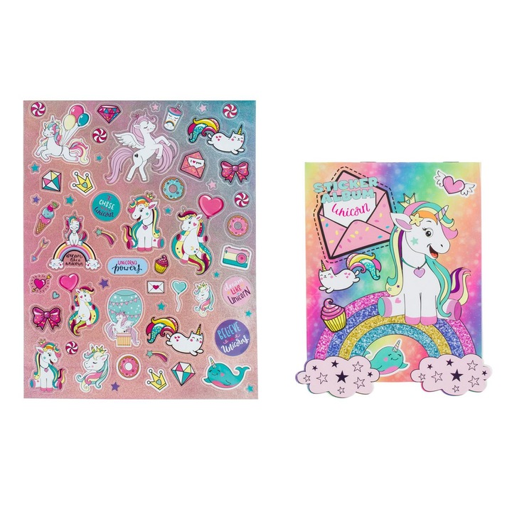 Set Autocolante, 58 Bucati, Unicorn, Multicolor, Cu Album