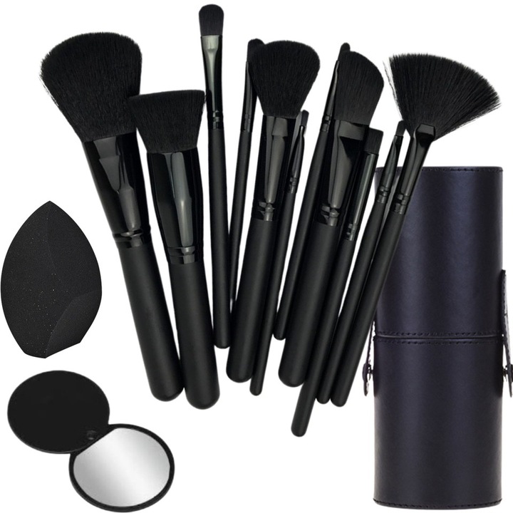 Set 11 Pensule de Machiaj – CLASSORI® Makeup Profesional/Incepatori, Maner Extra Rezistent, Manual de Utilizare pentru Fiecare Pensula, Inclusiv BeautyBlender, Oglinda si Tub Depozitare Negru