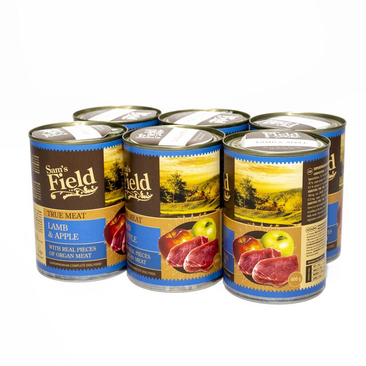 Hrana pentru caini, Sam´s Field True Meat, Miel si Mere, 6x400 g