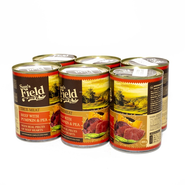 Hrana pentru caini, Sam´s Field True Meat Vita cu Dovleac si Mazare, 6x400 g