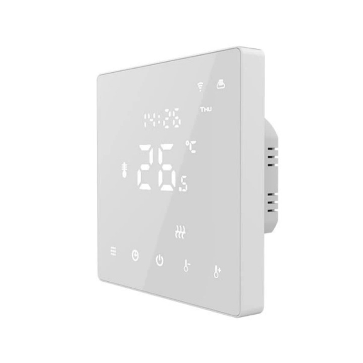 Termostat Digital Inteligent Hysen HY608 WIFI pentru Gaz, Alb, Control Vocal, 86x86x27mm, Wi-Fi