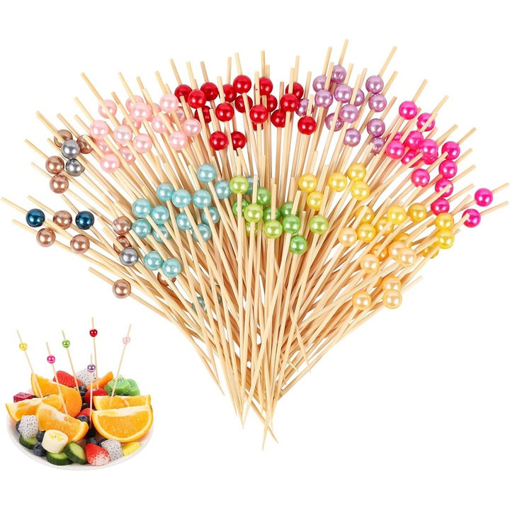 Set 100 bete cocktail din bambus, 12cm, Caltucus Core, colorate, accesorii pentru aperitive