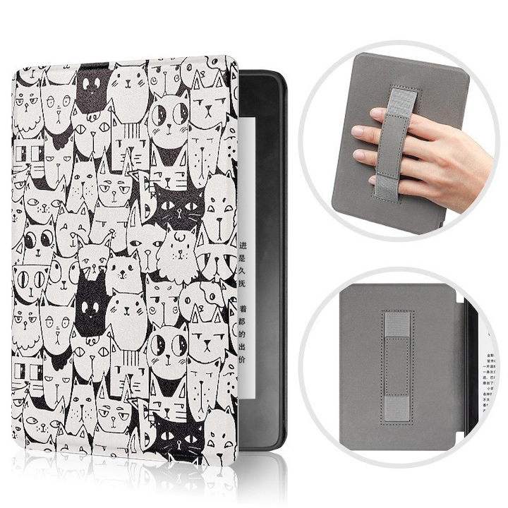 Husa pentru Kindle 2019 10th Generation, SINSELET, 6 inch, cu maner, trezire automata si somn, pisici negre si albe