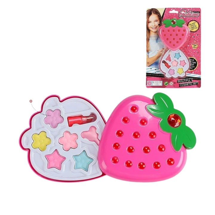 Trusa machiaj pentru copii, model Capsuna, farduri, mini ruj, buretei, multicolor