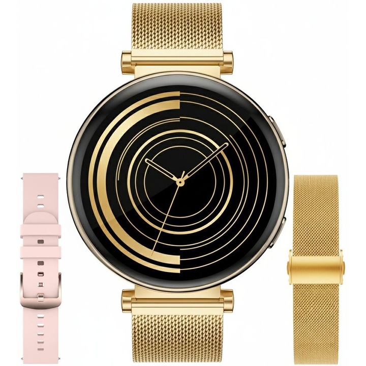 Ceas Smartwatch AMOLED Ultra-Clear ViBE™ i9WEAR Apel Bluetooth, Asistent Vocal, Analiza Fitness 24/7, 120+ Moduri Sport, Monitorizare ECG/HR/Somn/SpO2, Notificari si Mesaje, Music Player, Curea Metalica si Silicon Women Edition, Rich Gold