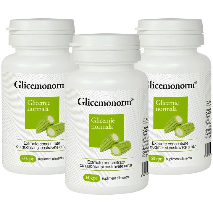 Pachet GlicemoNorm "Glicemie normala", cu Momordica, Afin si Gudmar, 3flacoane x 60cp, Dacia Plant