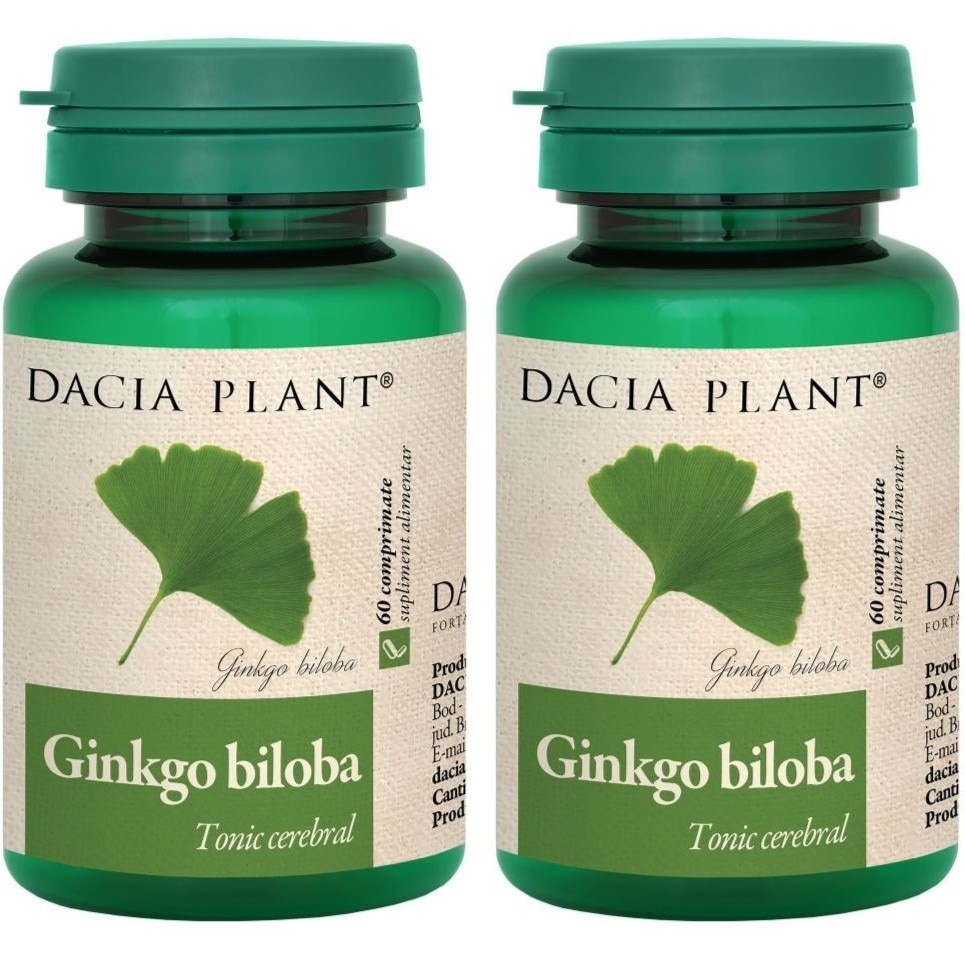 Pachet Ginkgo Biloba "Tonic cerebral", formula forte cu angelica, busuioc,  menta si roinita, 2x60cp, Dacia Plant - eMAG.ro
