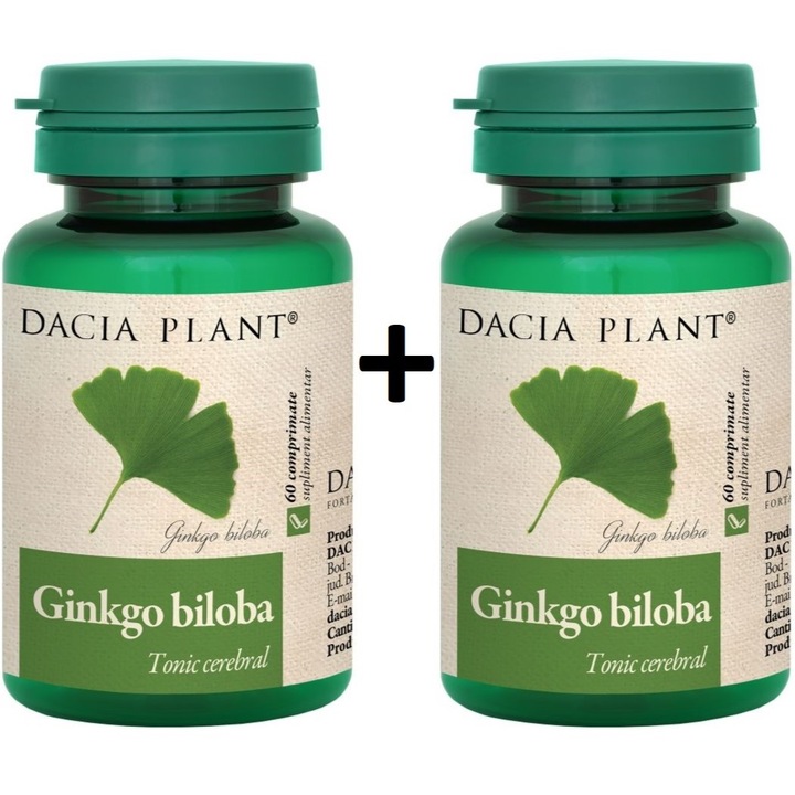 Pachet Ginkgo Biloba "Tonic cerebral", formula forte cu angelica, busuioc, menta si roinita, 2x60cp, Dacia Plant