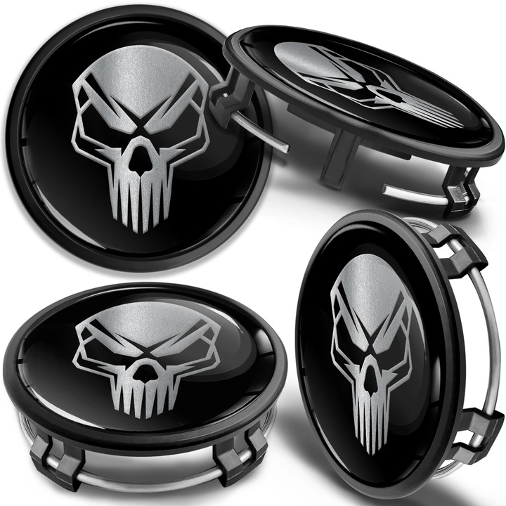 Set capace roti SkinoEu, 75mm Compatibil cu jantele din aliaj Mercedes Benz B66470202 / B66470200 Craniu Argintiu/Negru CM 35 4buc