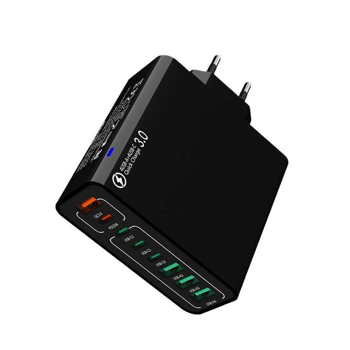 Incarcator Retea 8 in 1 58W, AHA PRINT®, Fast Charge, 4 x USB, 4 x Type-C, PD 25 W + QC3.0, Universal Multiport, Incarcare Rapida Simultana, iPhone, Huawei, Samsung, Xiaomi, Negru