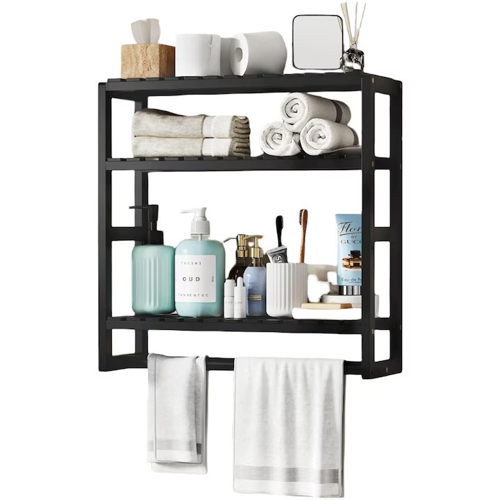 Fürdőszoba állvány 3 szintes, törölközőtartóval, állítható, bambusz, 30x45cm