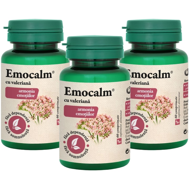 Pachet EmoCalm cu Valeriana "Armonia emotiilor", reduce anxietatea si stresul, 3x60cp, Dacia Plant