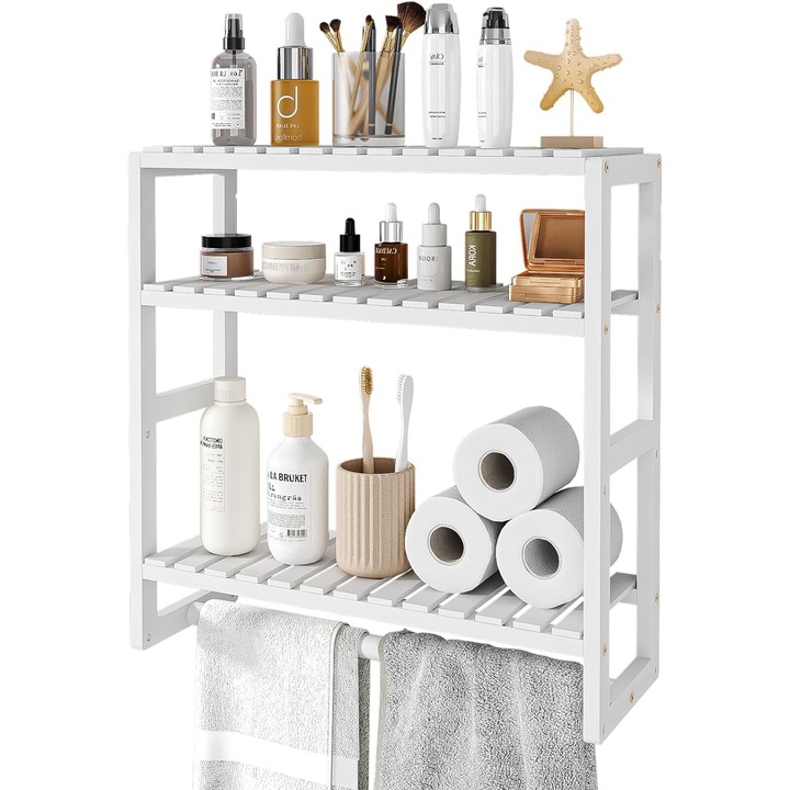 Raft depozitare peste toaleta, Raft depozitare peste masina de spalat cu 3 etajere, bara pentru prosoape, multifunctional, pentru depozitare in bucatarie, 42x42x15cm, alb