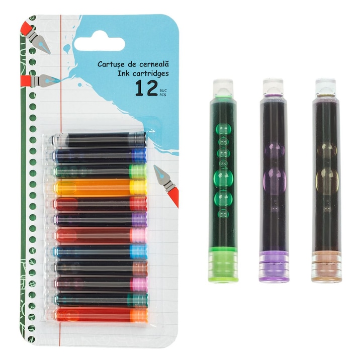Set Cartuse Cerneala Stilou, 12 Bucati, Multicolor