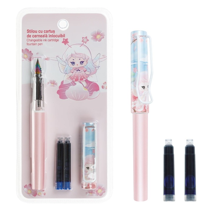 Set Stilou, Model Zana, Roz, 2 Rezerve Cerneala, Varf Multicolor