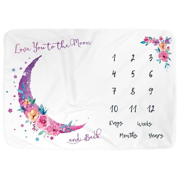 Takaró kislányoknak, rózsaszín hold témájú, 150x100 cm, szett jelölővel és virágos koronával