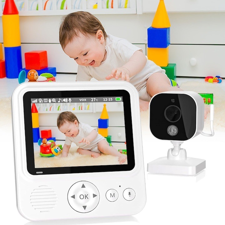 Babafigyelő kamera, Wacorresi, baba audio-video monitor 2,8 hüvelykes IPS képernyővel, Night Vision HD, telefonalkalmazás, kaputelefon, hívás, mozgásértesítések, altatódalok, riasztás, hőmérséklet figyelés, etetési riasztó, 2,4 GHz-es WiFi, fehér/fekete