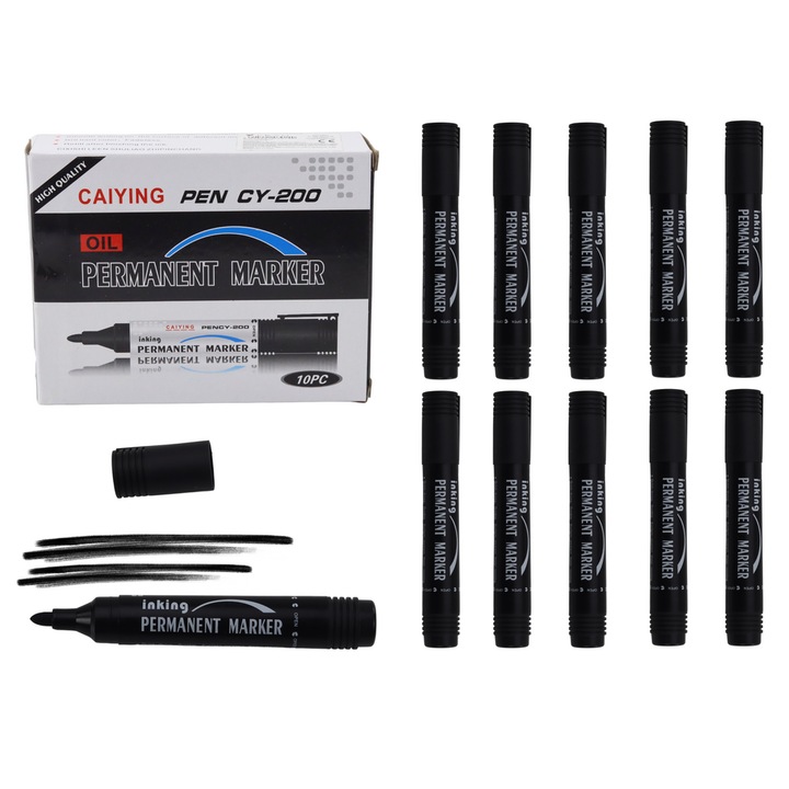 Set 10 markere permanente negre, inking, rezistente la apa, 13x10x4cm