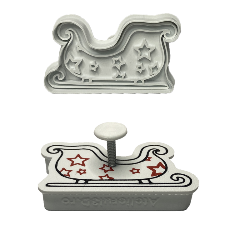 CookieStamp pentru biscuiti, fursecuri, prajituri, fondant, lut, plastilina, forma Sania lui Mos Craciun, plastic Alb, 51x89x16 mm