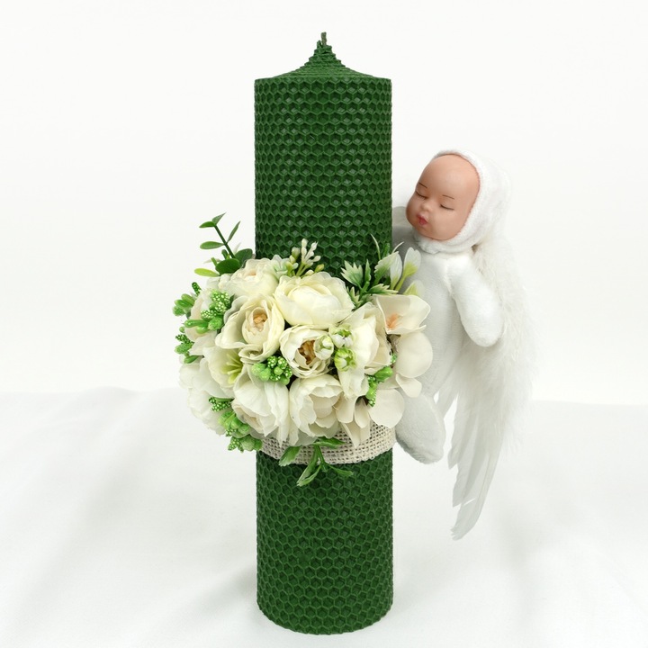 Lumanare Botez din Ceara Naturala LoreBebe, model "Inger Pazitor", culoare Verde