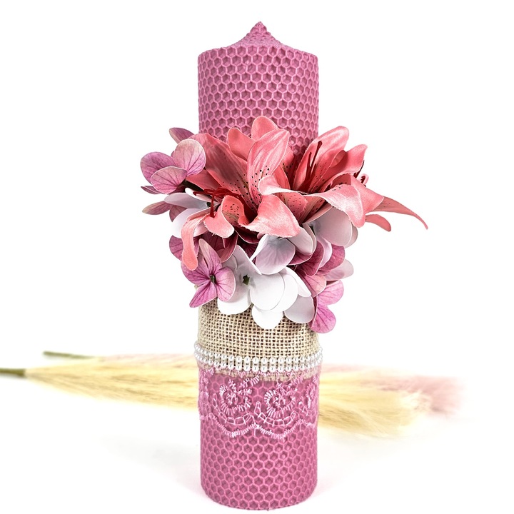 Lumanare Botez din Ceara Naturala LoreBebe, model "Accente Florale", culoare Roz