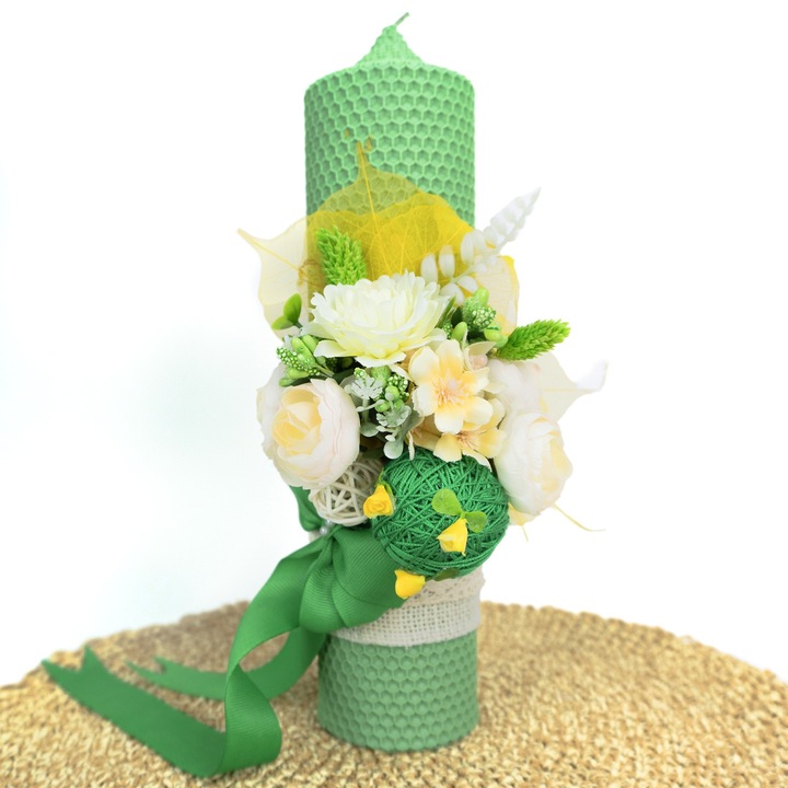 Lumanare Botez din Ceara Naturala LoreBebe, model "Design Floral", culoare Verde