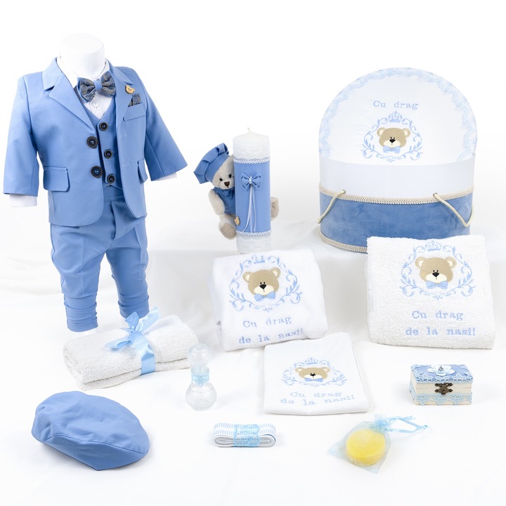 Set Botez "Ursuletul Pufos", format din Trusou Complet, Lumanare si Tinuta Eleganta, model Ursulet, 16 piese, pentru Baieti, culoare Bleumarin, marca LoreBebe ® - 75-80 CM