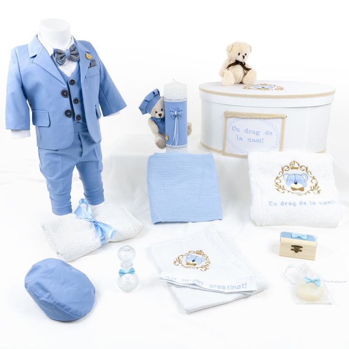 Set Botez "Ursulet de Basm", format din Trusou Complet, Lumanare si Tinuta Eleganta, model Ursulet, 16 piese, pentru Baieti, culoare Bleumarin, marca LoreBebe ® - 69-74 CM