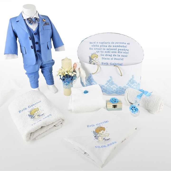 Set Botez "Atingerea Ingerasului", format din Trusou Complet, Lumanare si Tinuta Eleganta, model Ingeras, 16 piese, pentru Baieti, culoare Bleumarin, marca LoreBebe ® - 69-74 CM