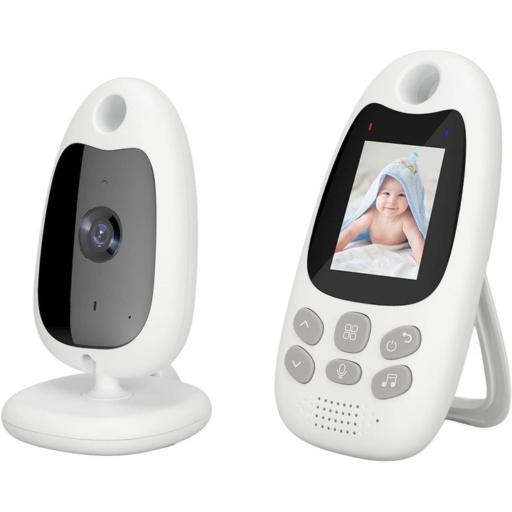 Vezeték nélküli babafigyelő, babafigyelő és kamera HD 2,0 hüvelykes LCD-képernyővel, VOX funkció, éjszakai látás, hőmérséklet-érzékelő, kétirányú kommunikáció, alvó dalok, altatódalok, hatótávolság 260 m, fehér/fekete