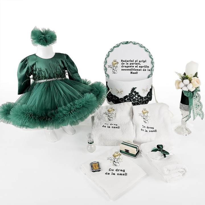 Set Botez "Stralucire Ingereasca", format din Trusou Complet, Lumanare si Tinuta Eleganta, model Ingeras, 11 piese, pentru Fete, culoare Verde, marca LoreBebe ® - 63-68 CM