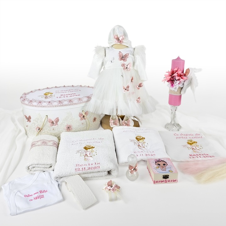Set Botez "Fluturasi Calatori", format din Trusou Complet, Lumanare si Tinuta Eleganta, model Fluturas, 14 piese, pentru Fete, culoare Roz, marca LoreBebe ® - 69-74 CM