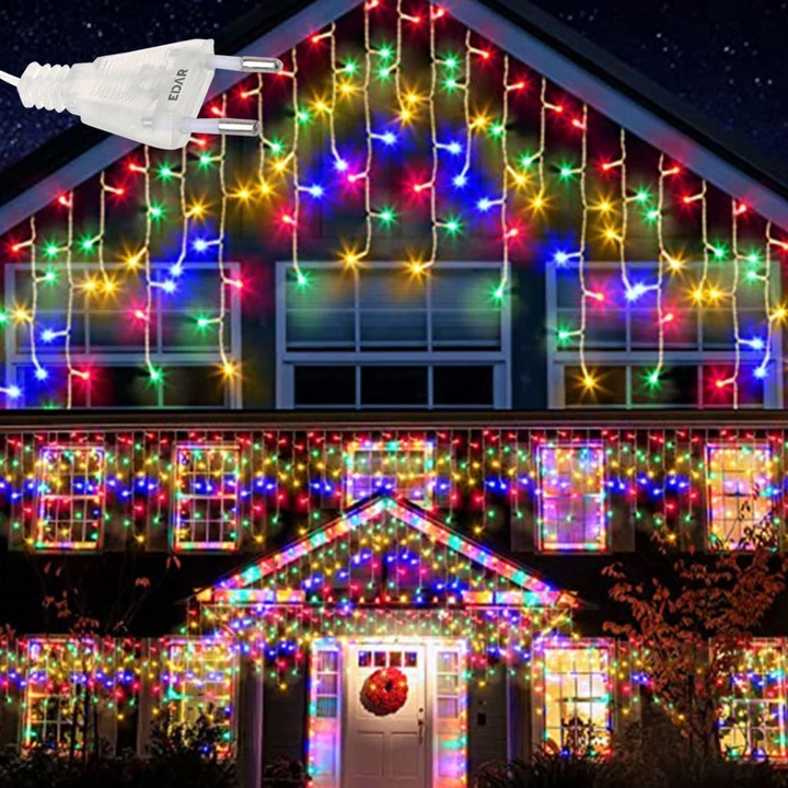 Instalatie De Craciun EDAR Model Turturi, 25 m, 500 Led-uri, Cu 8 jocuri de lumini, Franjuri, Pentru Exterior/Interior, Interconectabila, Fir Transparent, Alimentare Priza, Multicolora