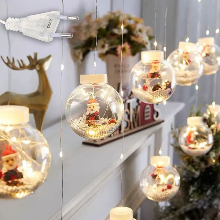 Instalatie Luminoasa Perdea De Craciun EDAR, Globuri Cu Figurine Mos Craciun, 8 Moduri De Lumina, Interconectabila, Lungime 3 Metri, Alb Cald